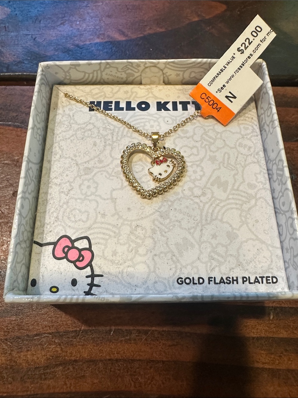 Hello Kitty Gold Heart Necklace with Pink Bow